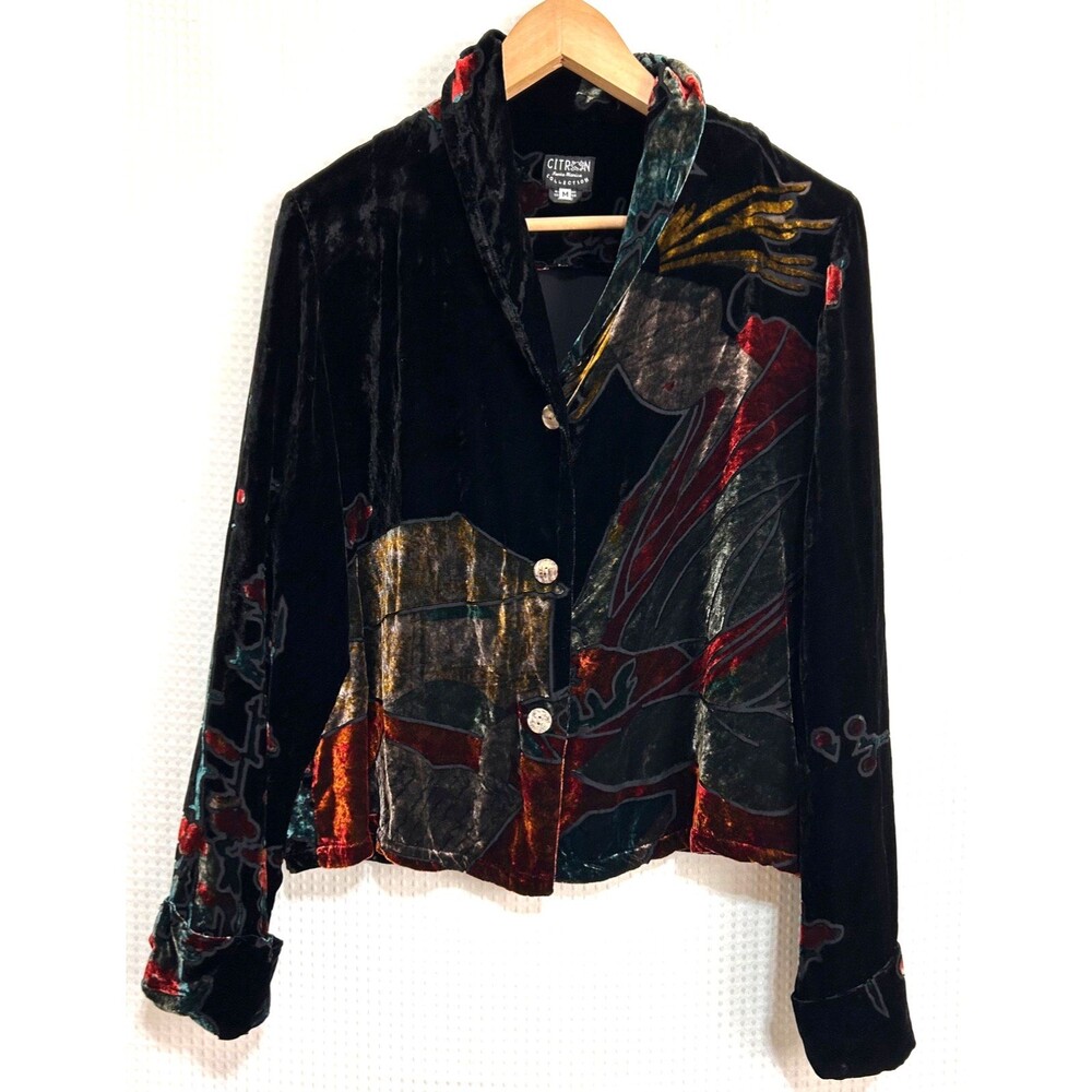 Citron Santa Monica Size M SILK‎ Asian Velvet Black Burnout Kimono Jacket Top z